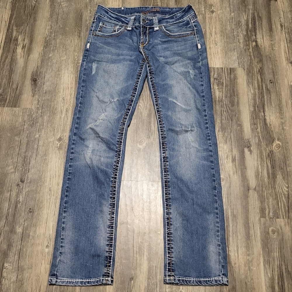 Ethanol 85 Jeans Straight Leg Medium Wash Denim Distressed Bottoms Junior Size 9